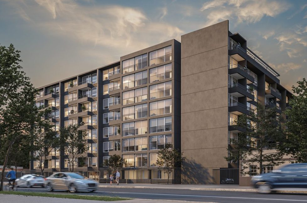 vivequinta Render proyecto ViveQuinta: edificio residencial moderno con balcones amplios al atardecer.